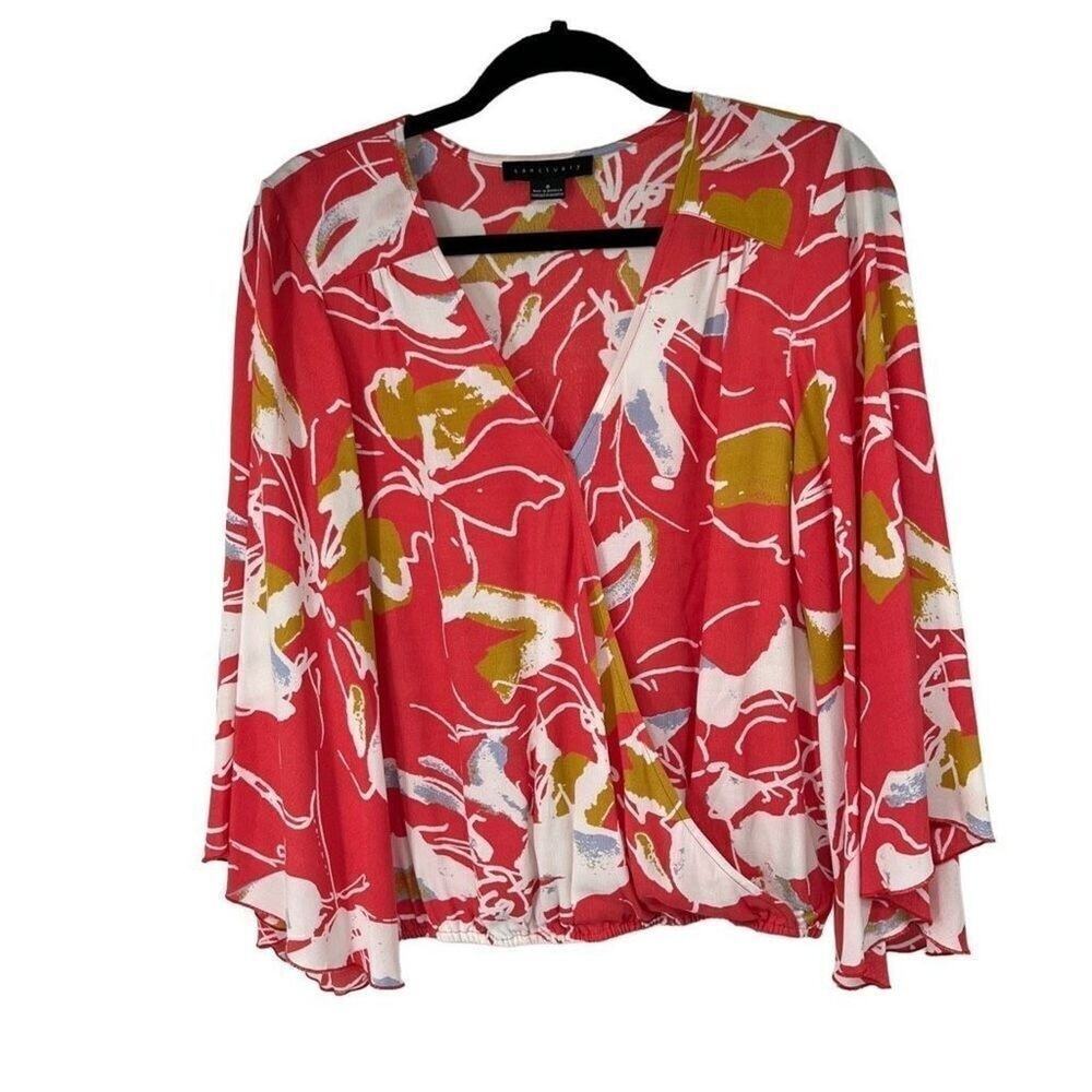 Sanctuary Coral Pink Floral Faux Wrap Bell Sleeve Surplice Top